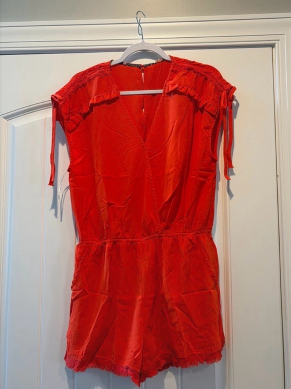 Bright Red Sleeveless Romper with Tie Shoulder Detail